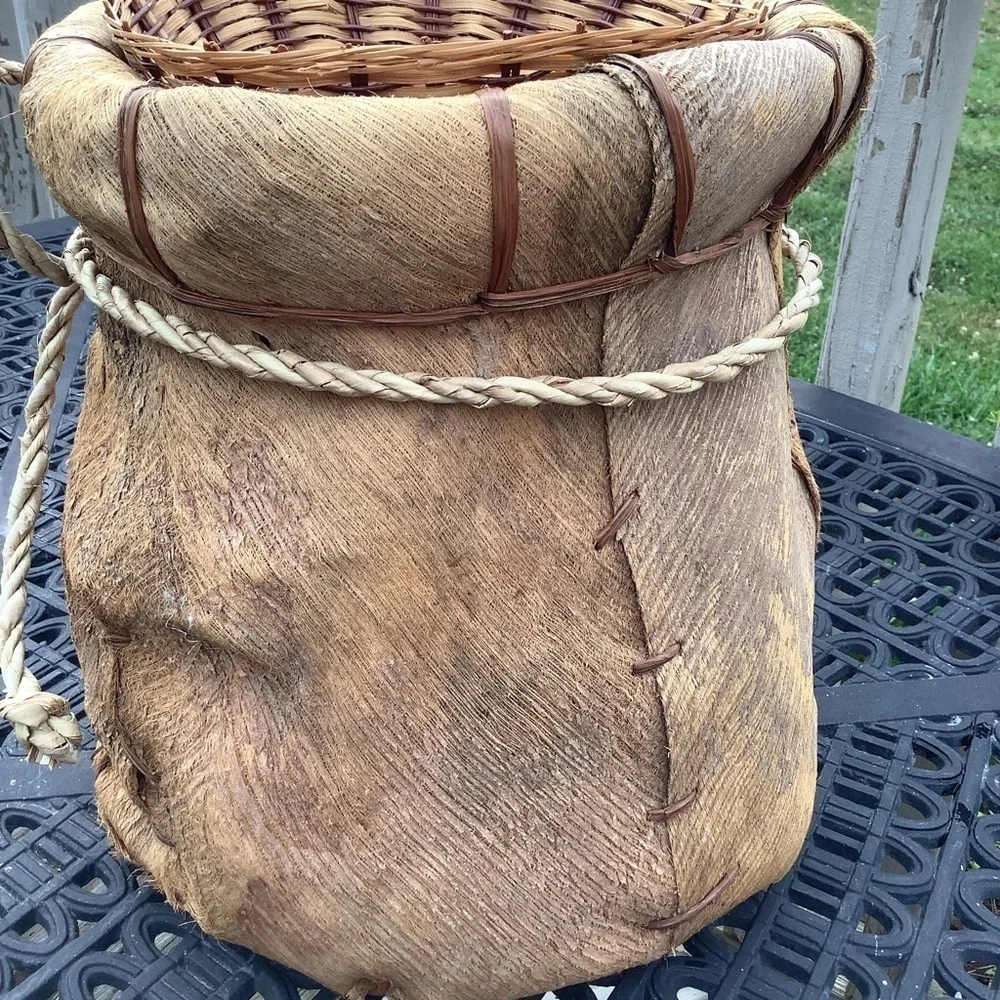 Vintage Leather Woven Coconut Palm Fronds  Boho Planter Basket